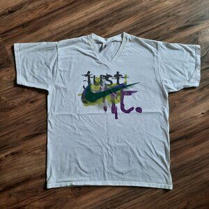 Vtg 90s Nike Shirt Mens Large‎ White V-Neck Center Swoosh Made In USA Just Do It